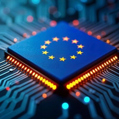 A European-made computer chip with the EU flag, ensuring independence from non-EU microprocessor production – ai generated A European-made computer chip with the EU flag, ensuring independence from non-EU microprocessor production - ai generated