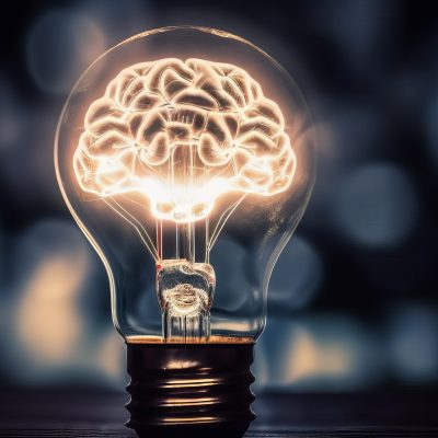 Light bulb with shape of human brain inside lighting. Creative concept of idea and innovation. Generative AI Light bulb with shape of human brain inside lighting. Creative concept of idea and innovation. Generative AI